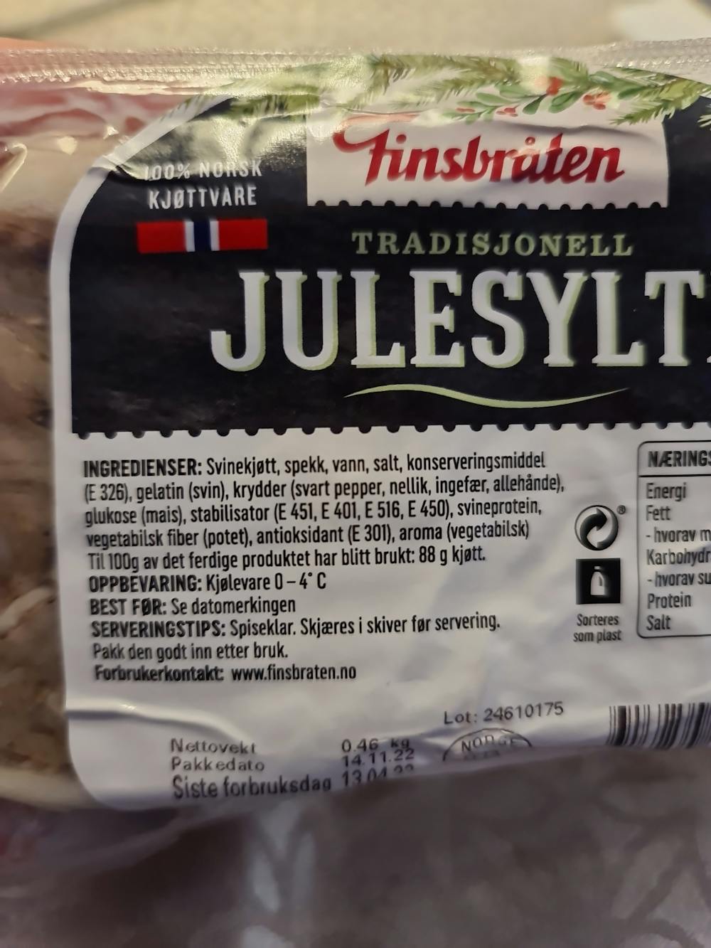 Ingrediensliste - Julesylte, Finsbråten