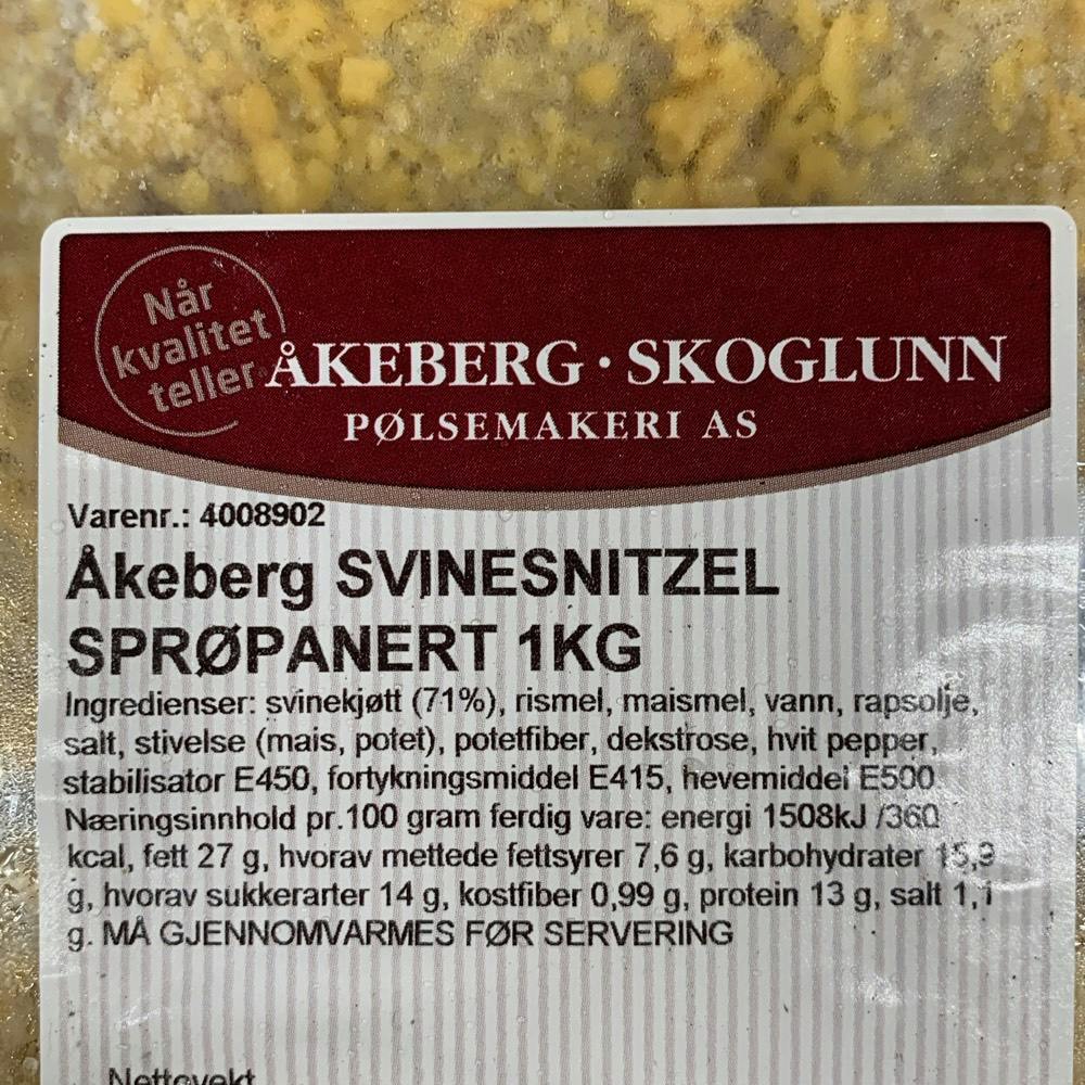 Ingrediensliste - Svinesnitzel sprøpanert 1kg, Åkeberg-Skoglunn pølsemakeri AS