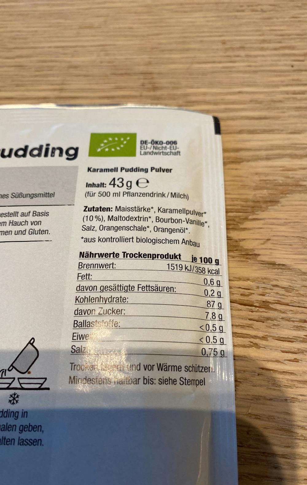 Ingrediensliste - Karamell pudding, Biovegan