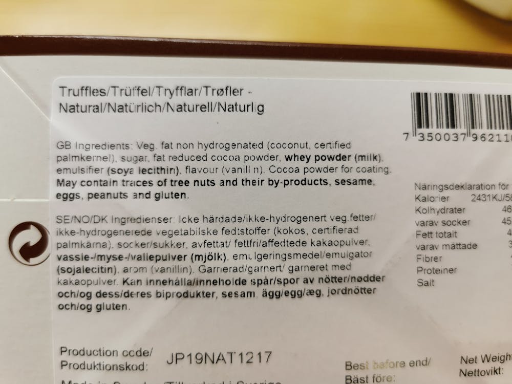 Ingrediensliste - Fancy truffles, La Prailine