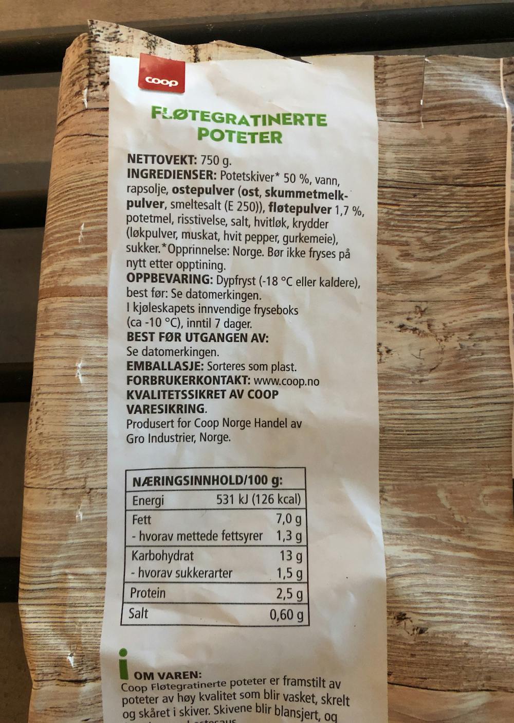 Ingredienslisten til Coop Fløtegratinerete poteter