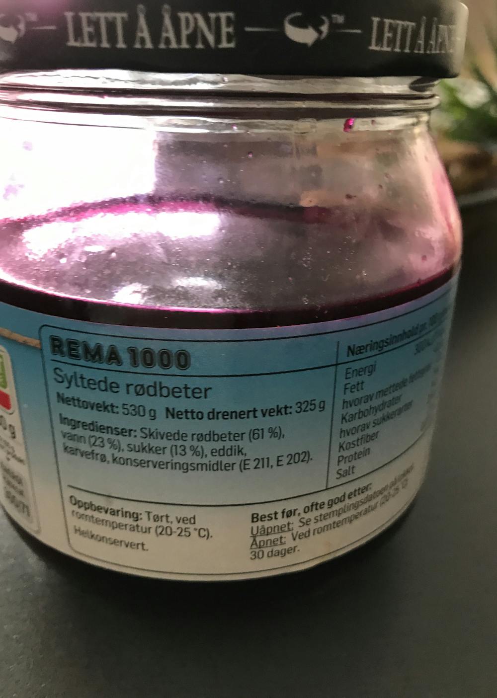 Ingredienslisten til Rema1000 Syltende rødbeter