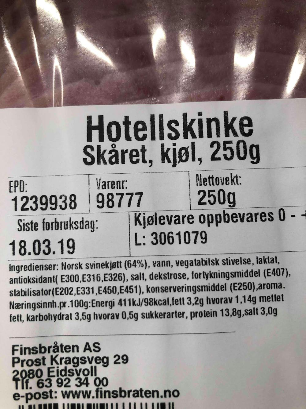 Ingredienslisten til Finsbråten Hotellskinke