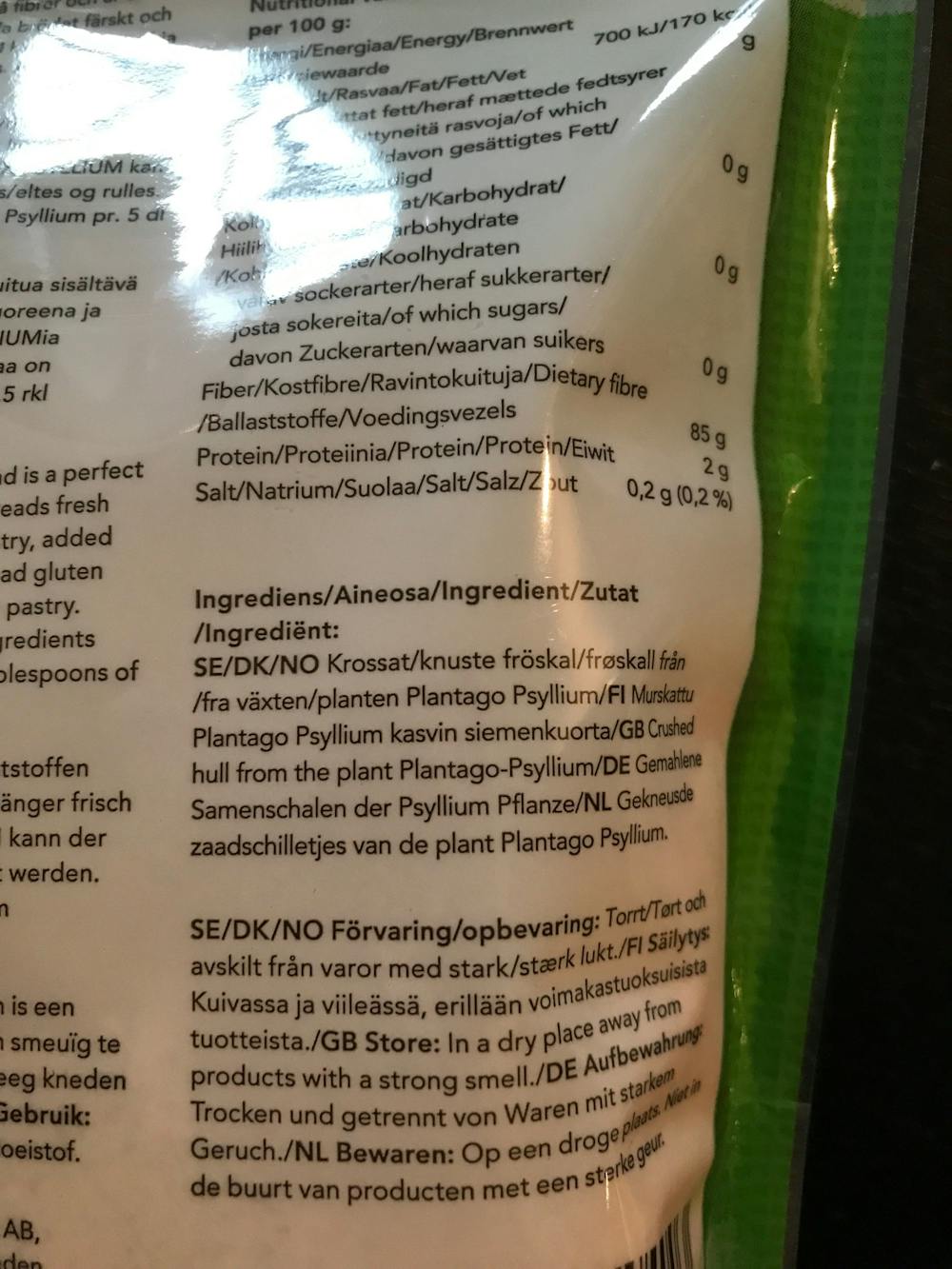 Ingredienslisten til Psyllium 85% kostfiber, Finax