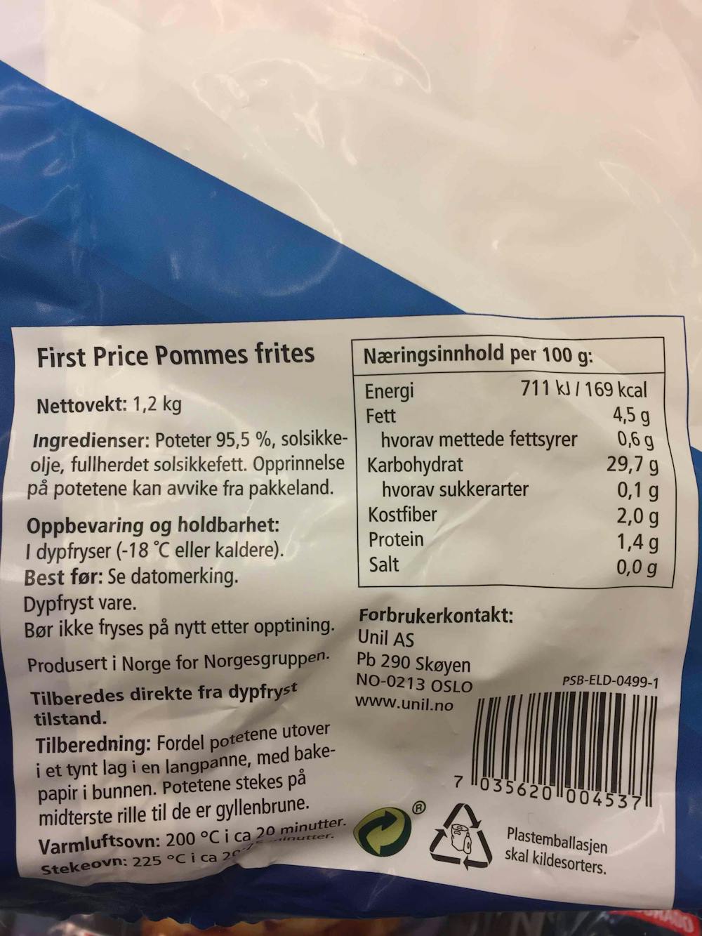 Ingredienslisten til First price Pommes frites