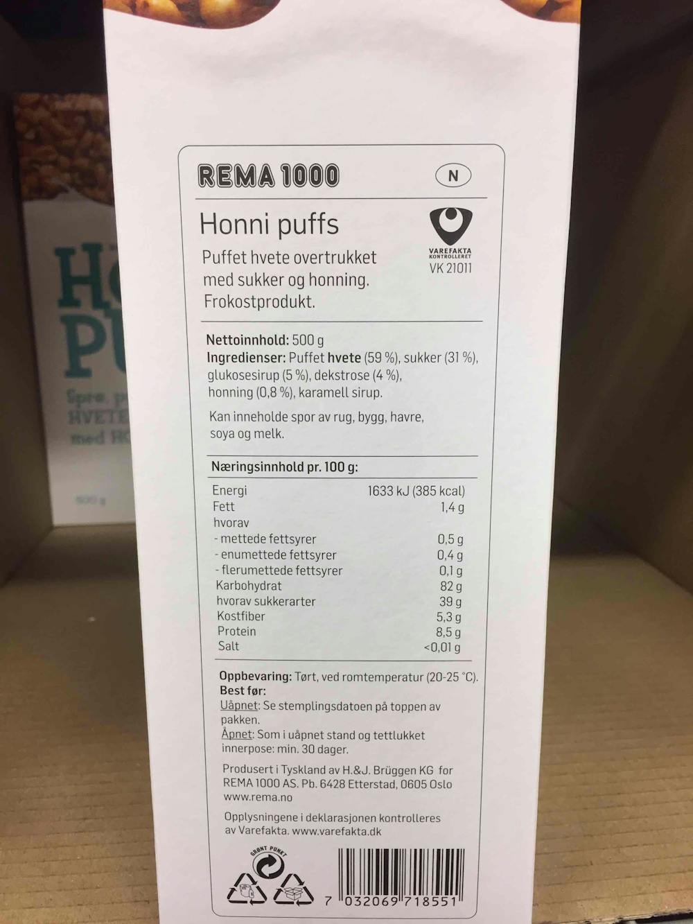 Ingredienslisten til Honni puffs, Rema 1000
