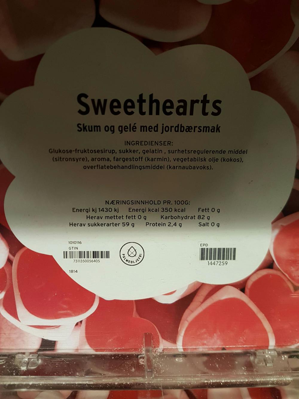 Ingredienslisten til Sweethearts, CandyKing