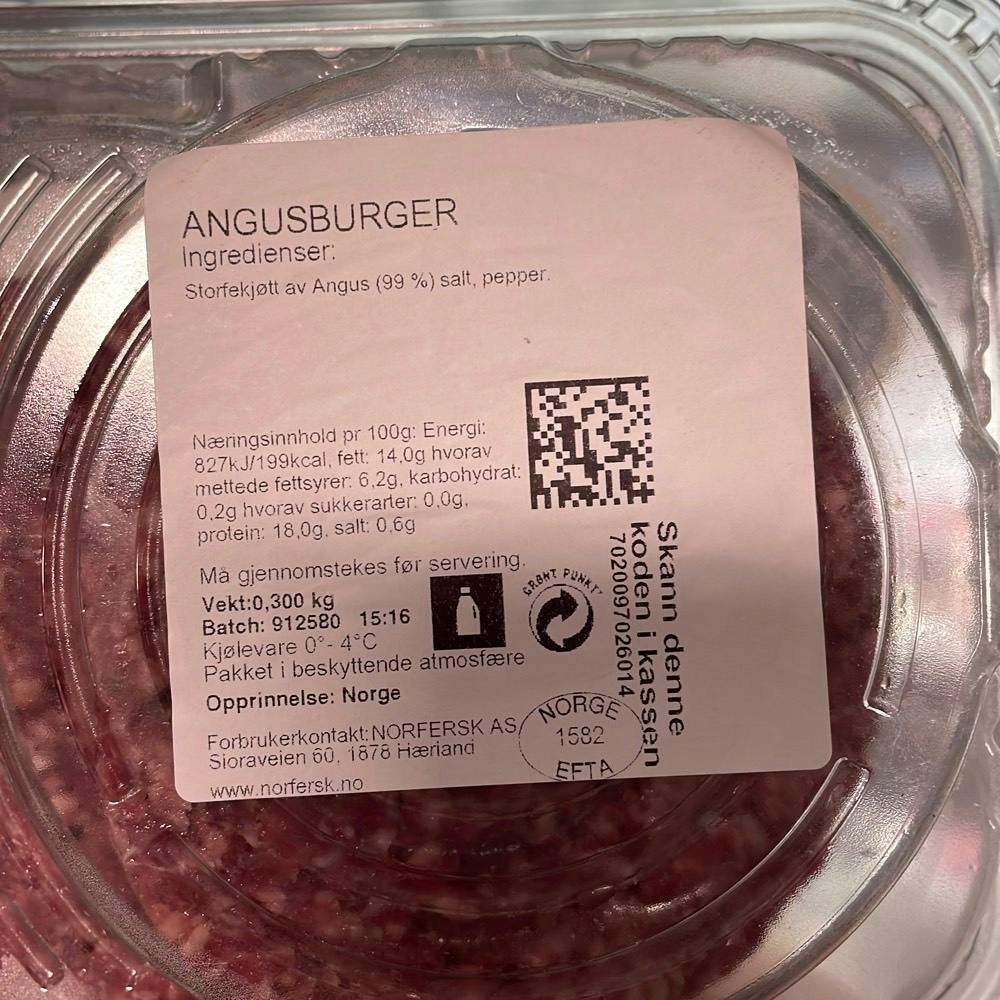 Ingrediensliste - Angus burger, Meny