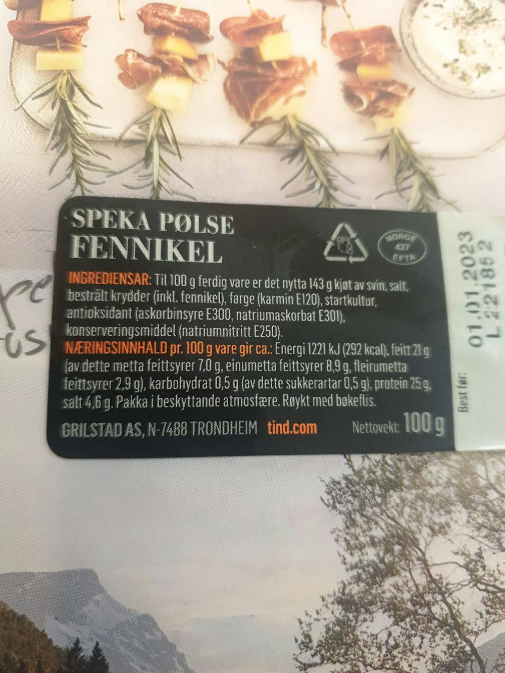 Ingredienslisten til Speka pølse fennikel, Tind
