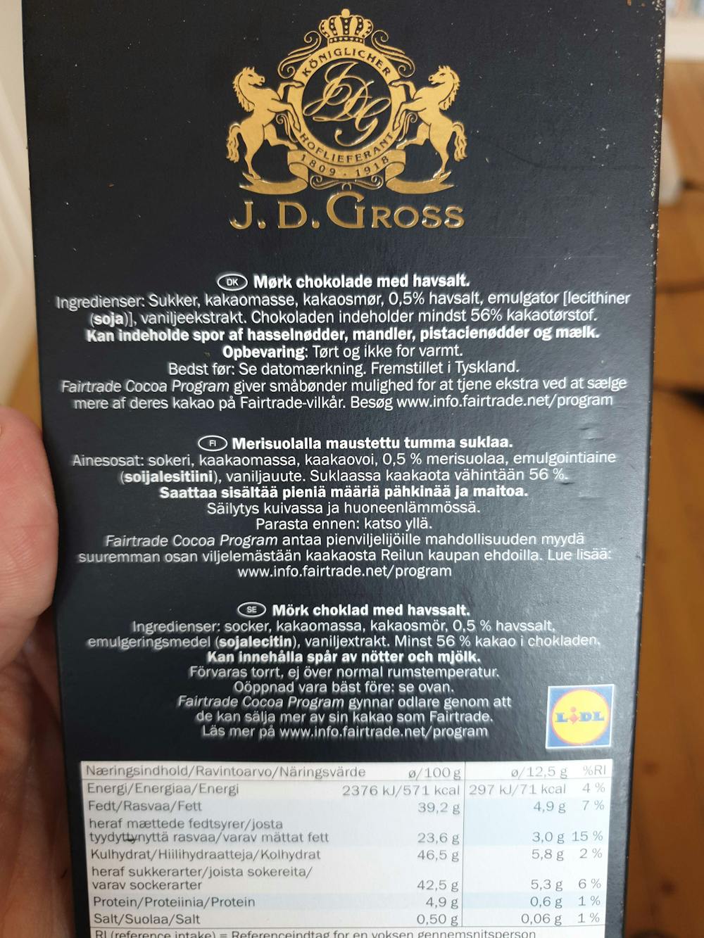 Ingredienslisten til Sea salt 56% cacao, J. D. Gross