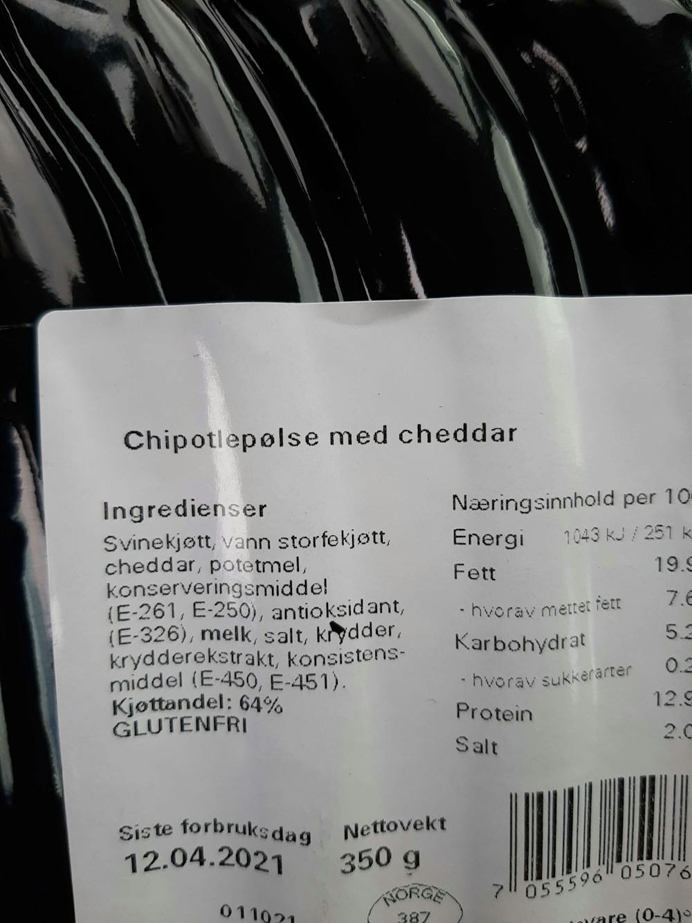 Ingredienslisten til Chipotle med cheddarost, Toten kjøtt