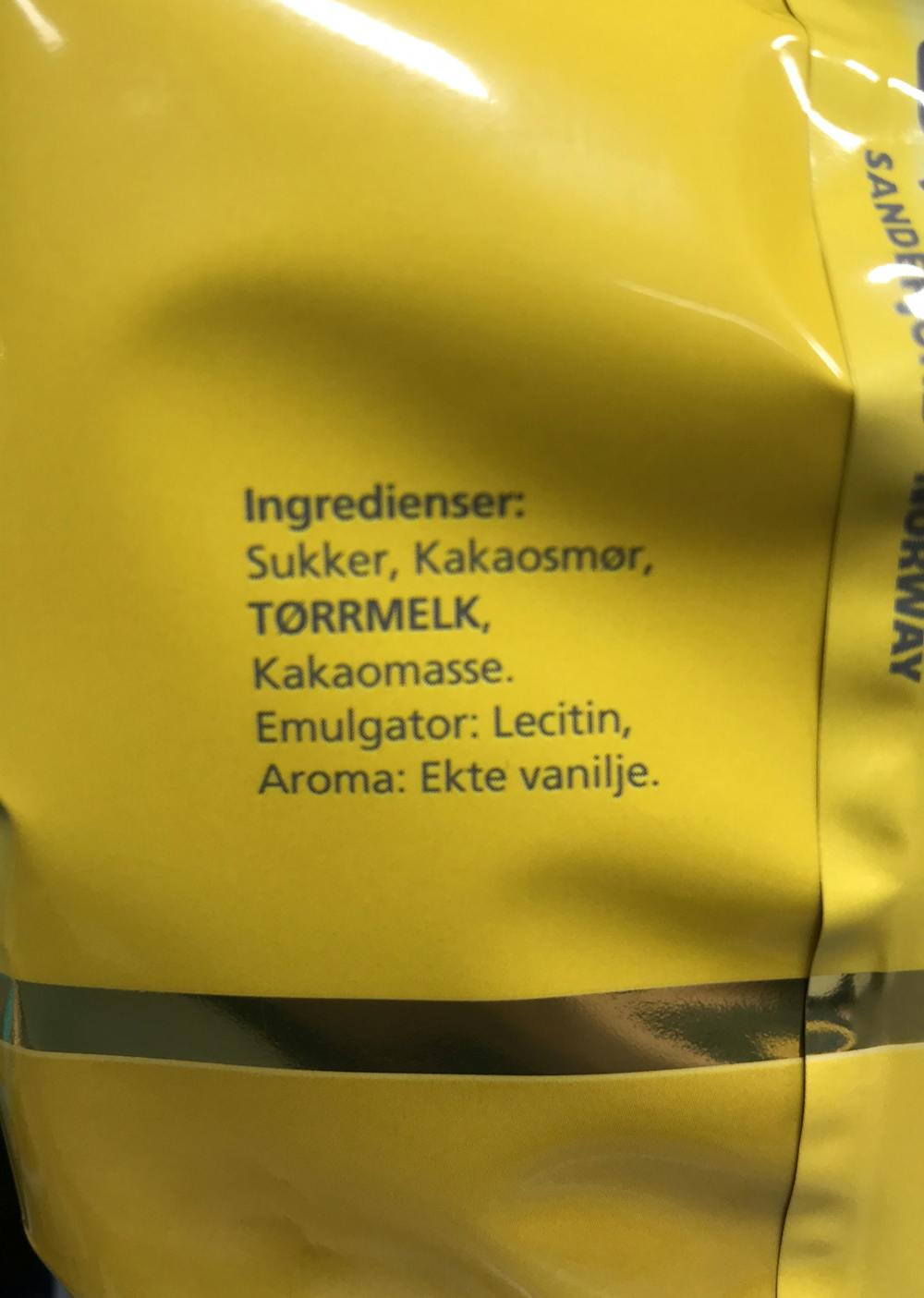 Ingredienslisten til Hval Melkesjokolade