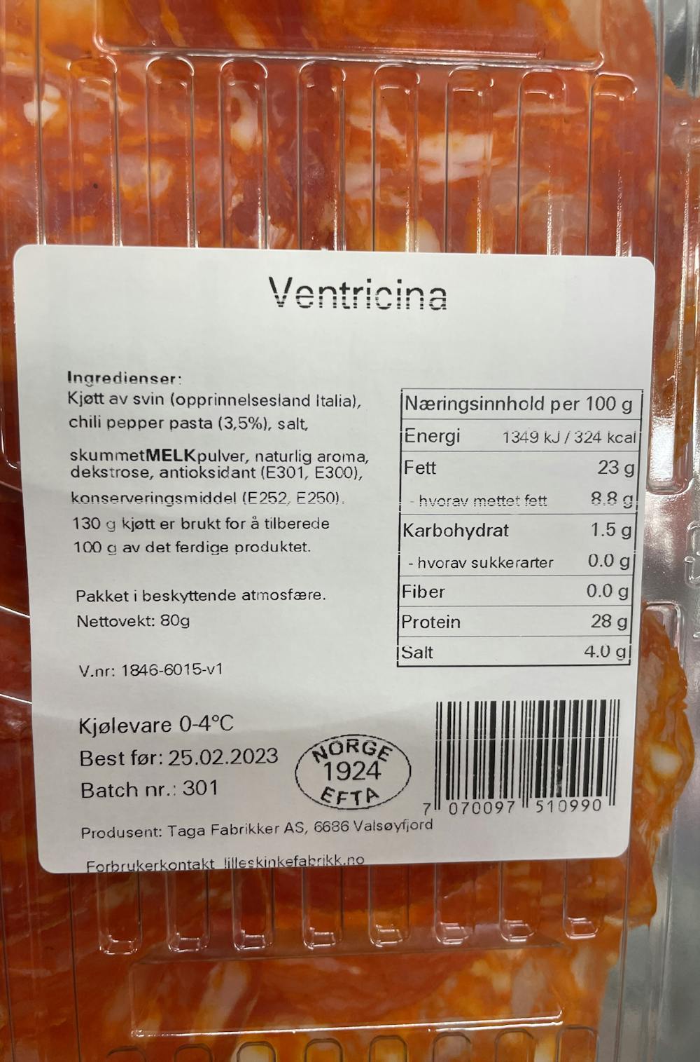 Ingrediensliste - Spicy salami ventricina, Lille skinke fabrikk