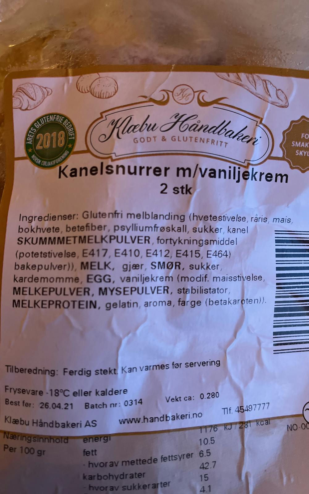 Ingredienslisten til Klæbu håndbakeri Kanelsnurrer m/ vaniljekrem