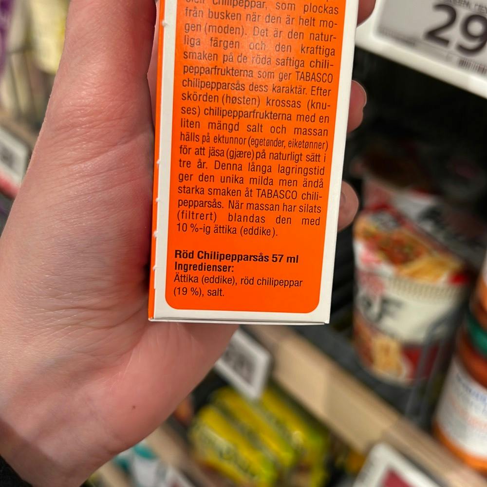 Ingrediensliste - Tabasco pepper sauce, McIlhenny company