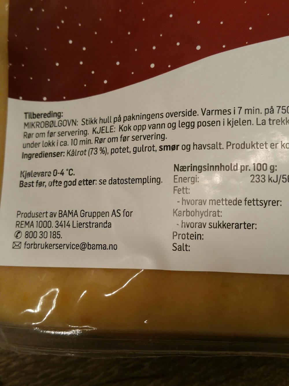 Ingredienslisten til Kålrotstappe, rema1000