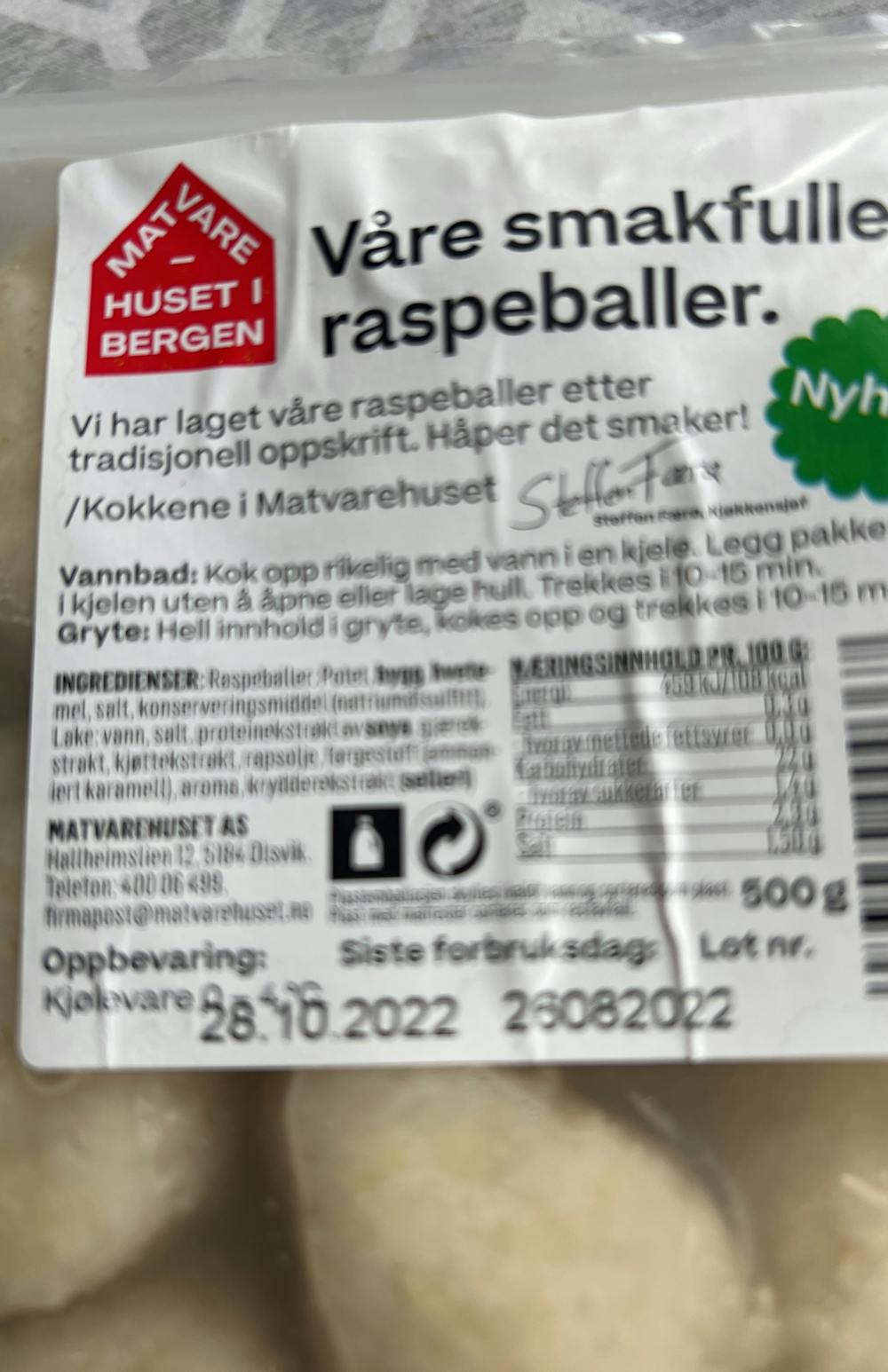 Ingrediensliste - Raspeballer , Matvarehuset i Bergen