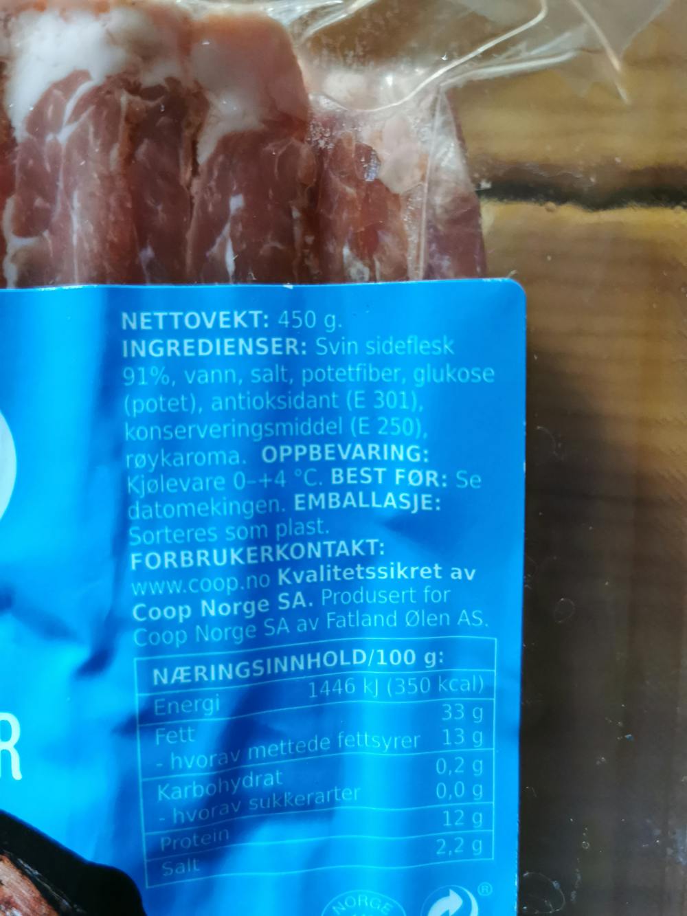 Ingredienslisten til Bacon i skiver med svor, Xtra