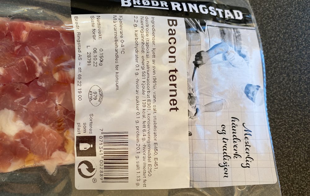 Ingrediensliste - Bacon ternet, Brødr Ringstad