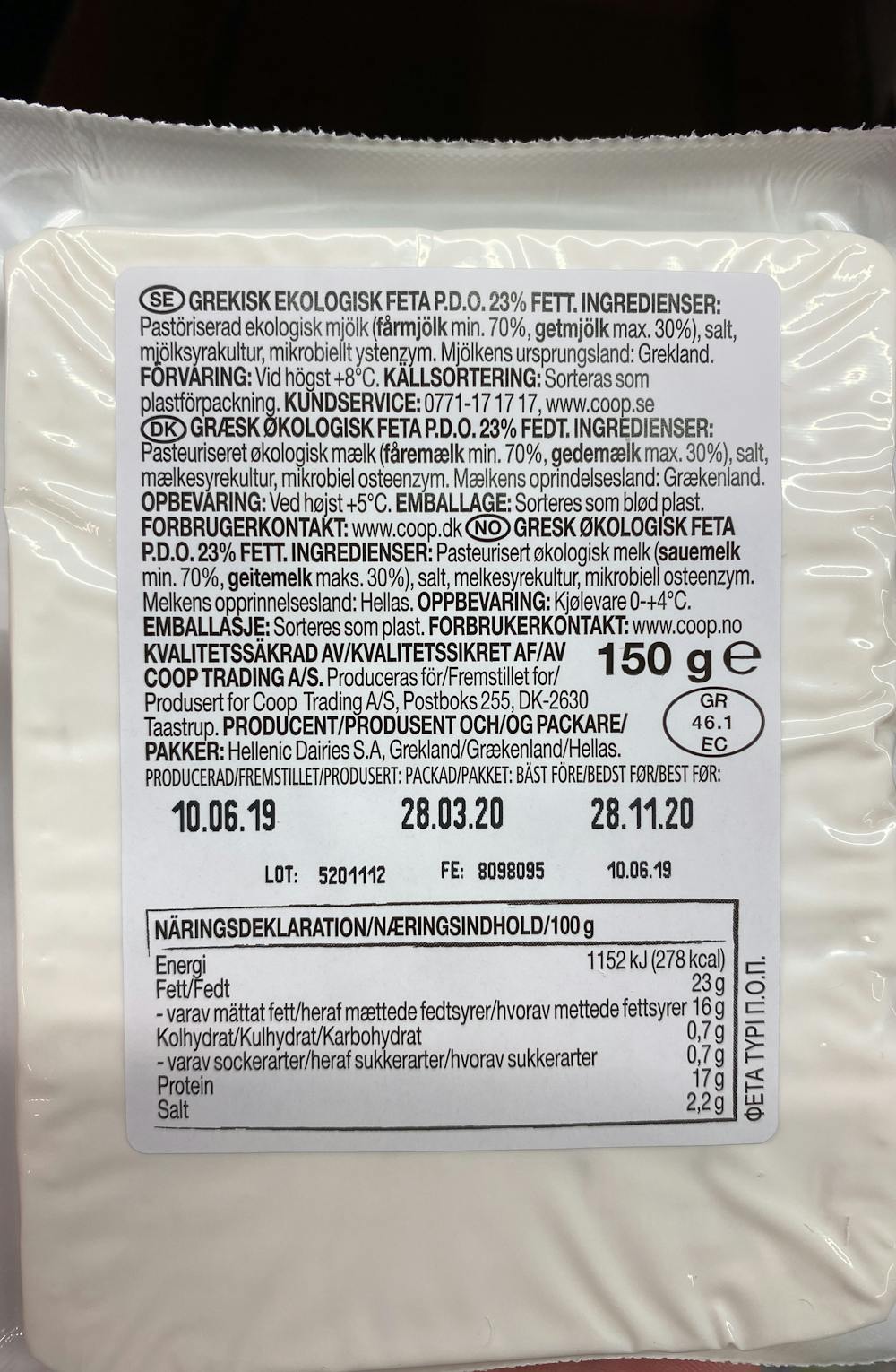 Ingredienslisten til Änglamark Økologisk gresk feta 