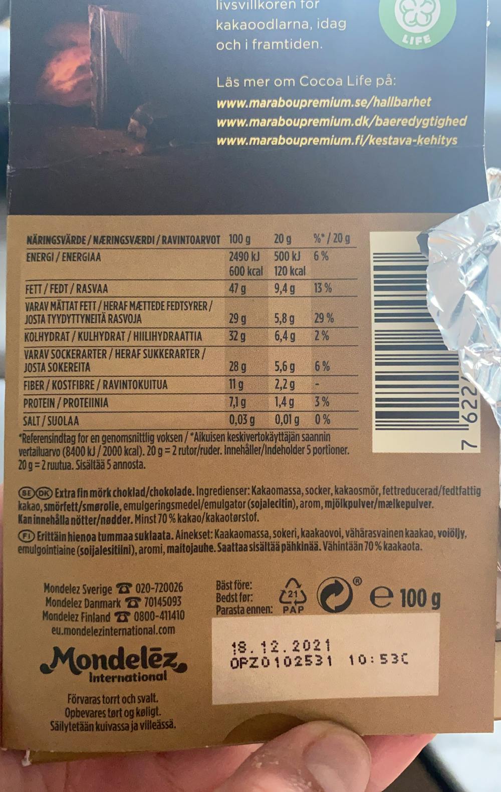 Ingredienslisten til Fin 70% kakao, Marabou premium