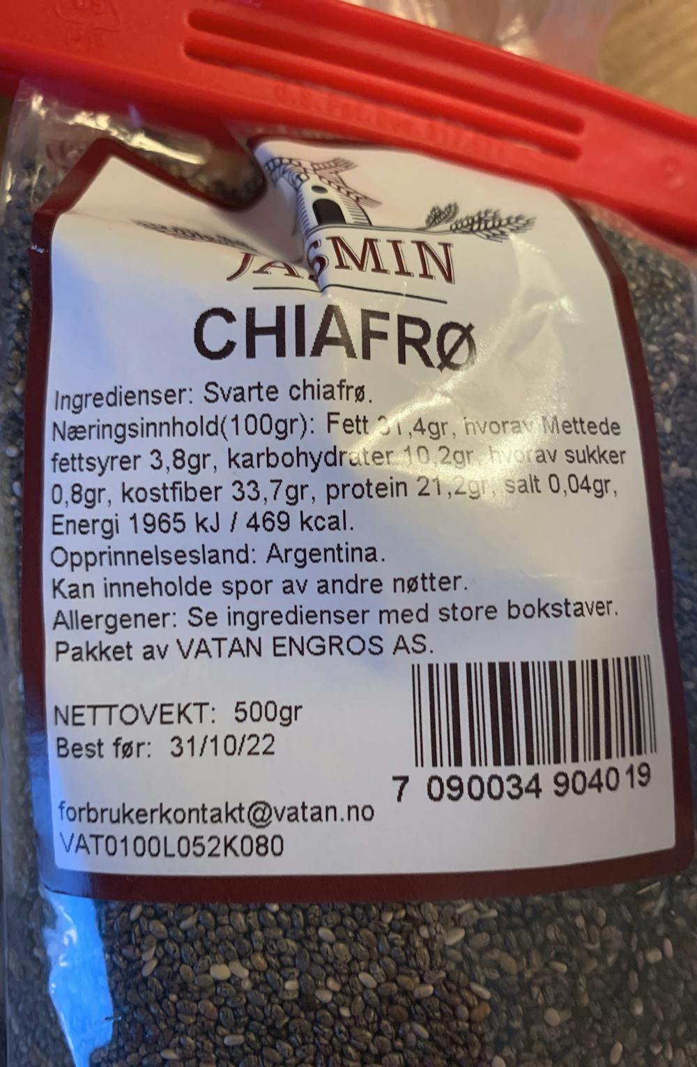 Ingredienslisten til Chiafrø, Jasmin