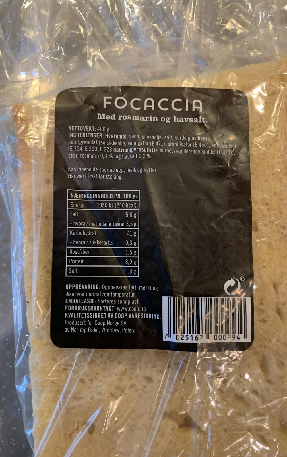 Ingredienslisten til Focaccia, Coop