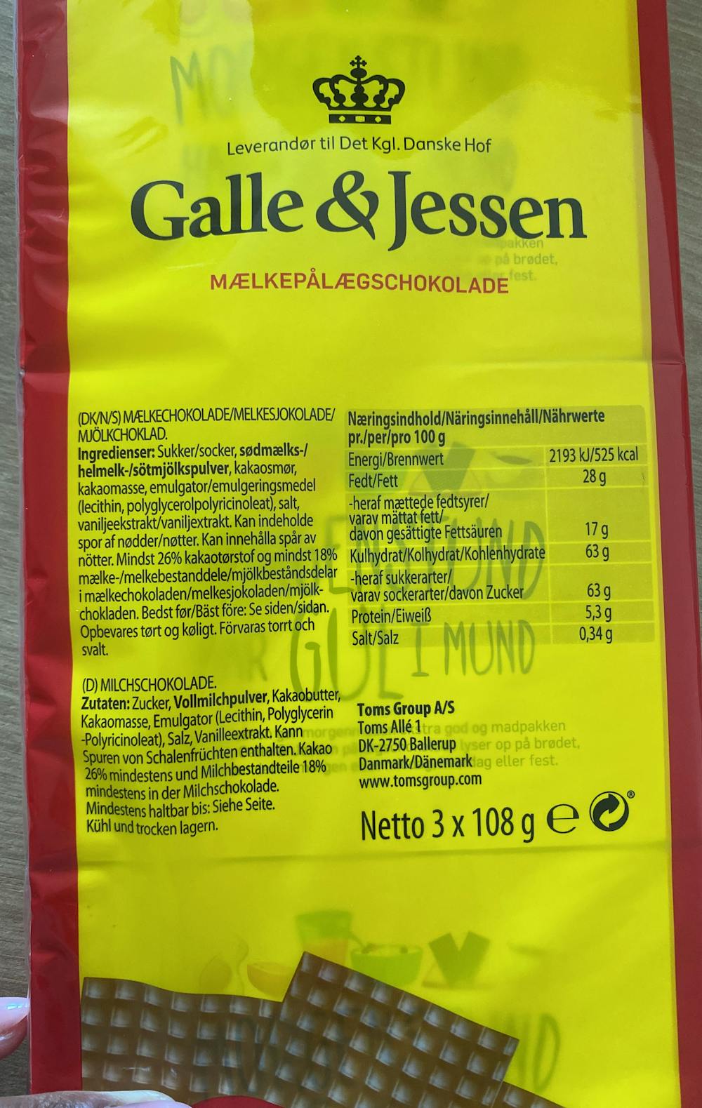 Ingrediensliste - Sjokoladepålegg , Galle & Jessen