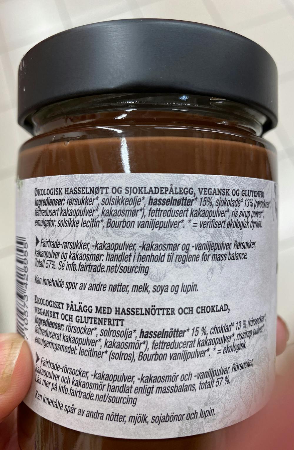 Ingredienslisten til Hasselnøtt / sjokolade, La Vida Vegan
