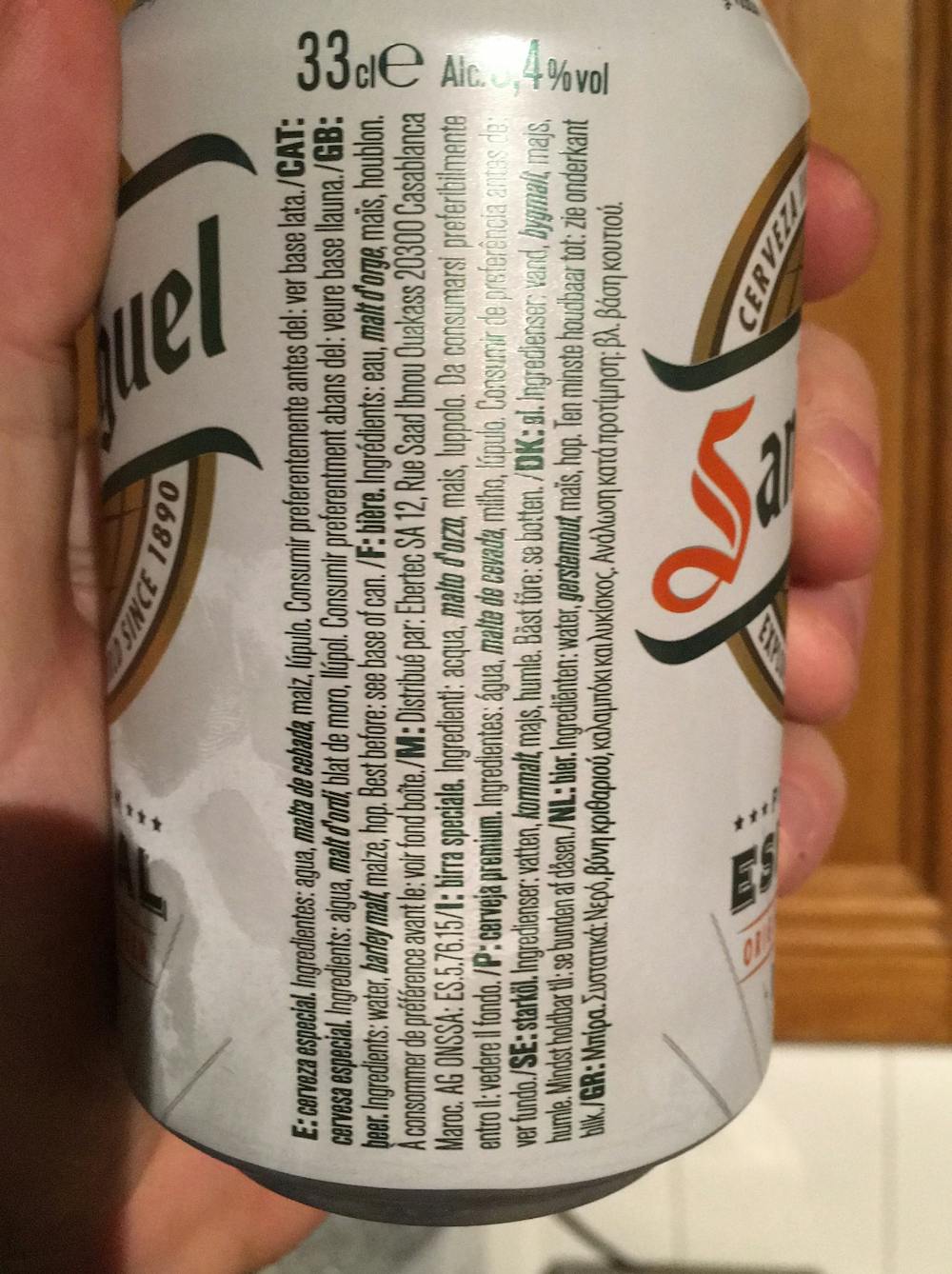 Ingredienslisten til San Miguel Original lager beer