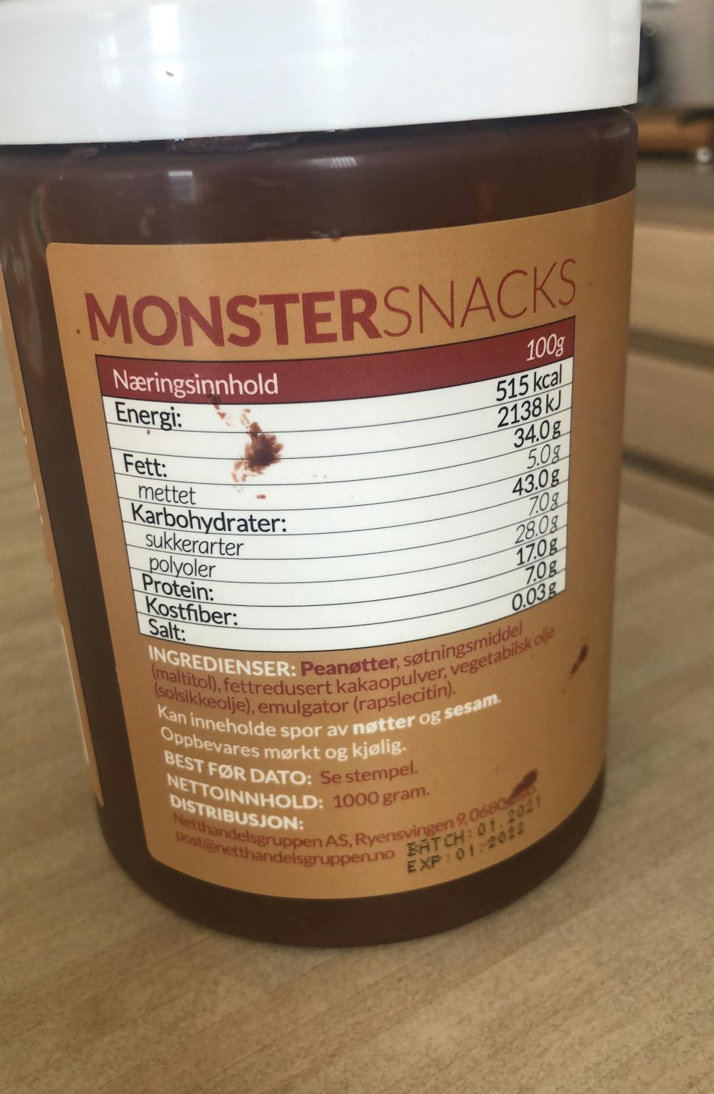 Ingredienslisten til Peanøttsmør chocolate flavor, Monster