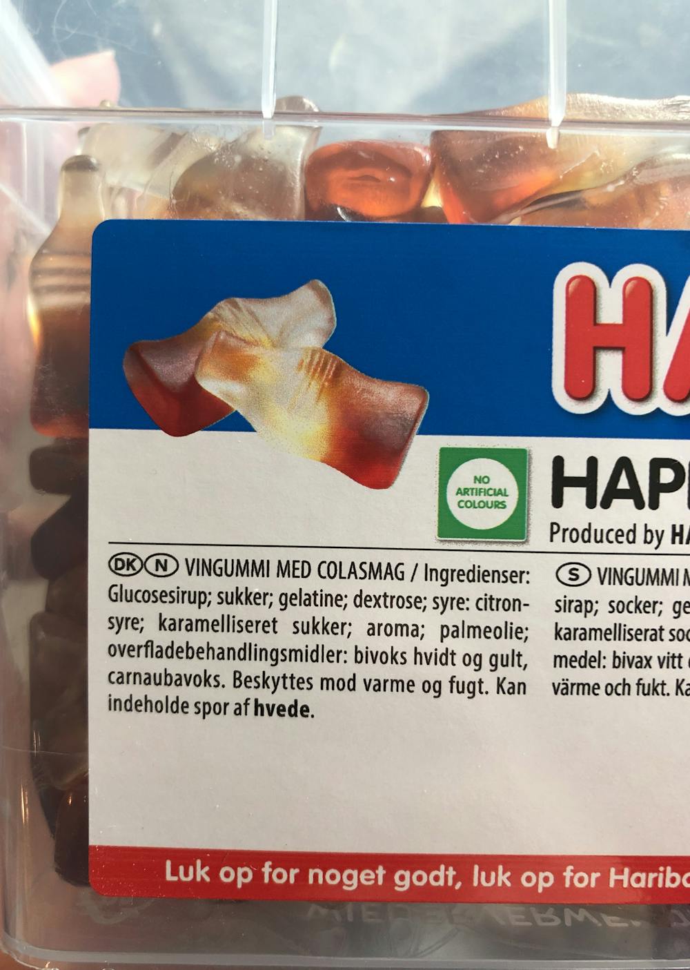 Ingredienslisten til Haribo Happy cola