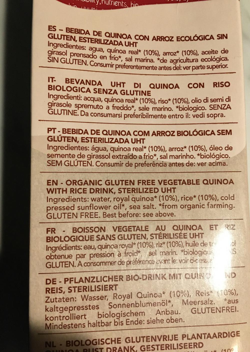 Ingrediensliste - Quinoa rice drink, Quinua real