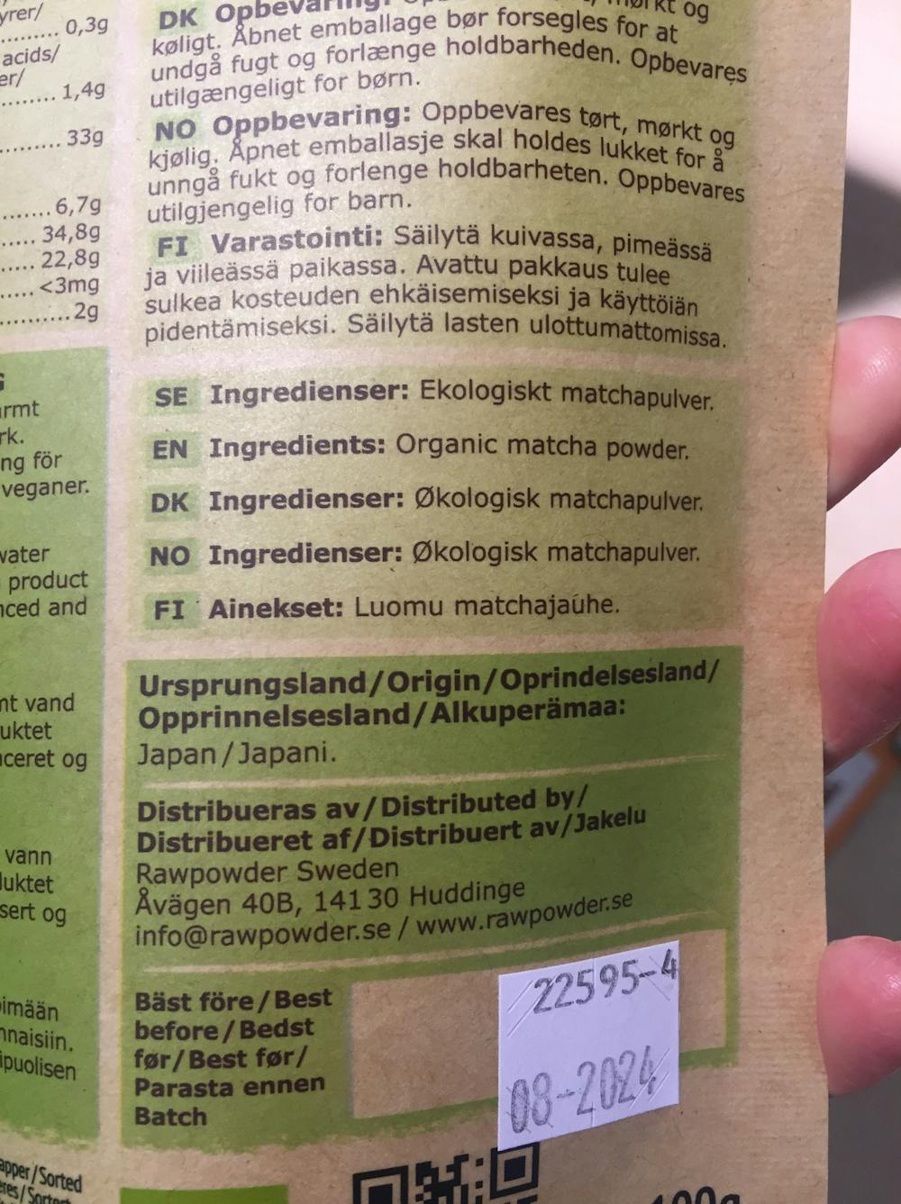 Ingrediensliste - Matcha , Rawpowder