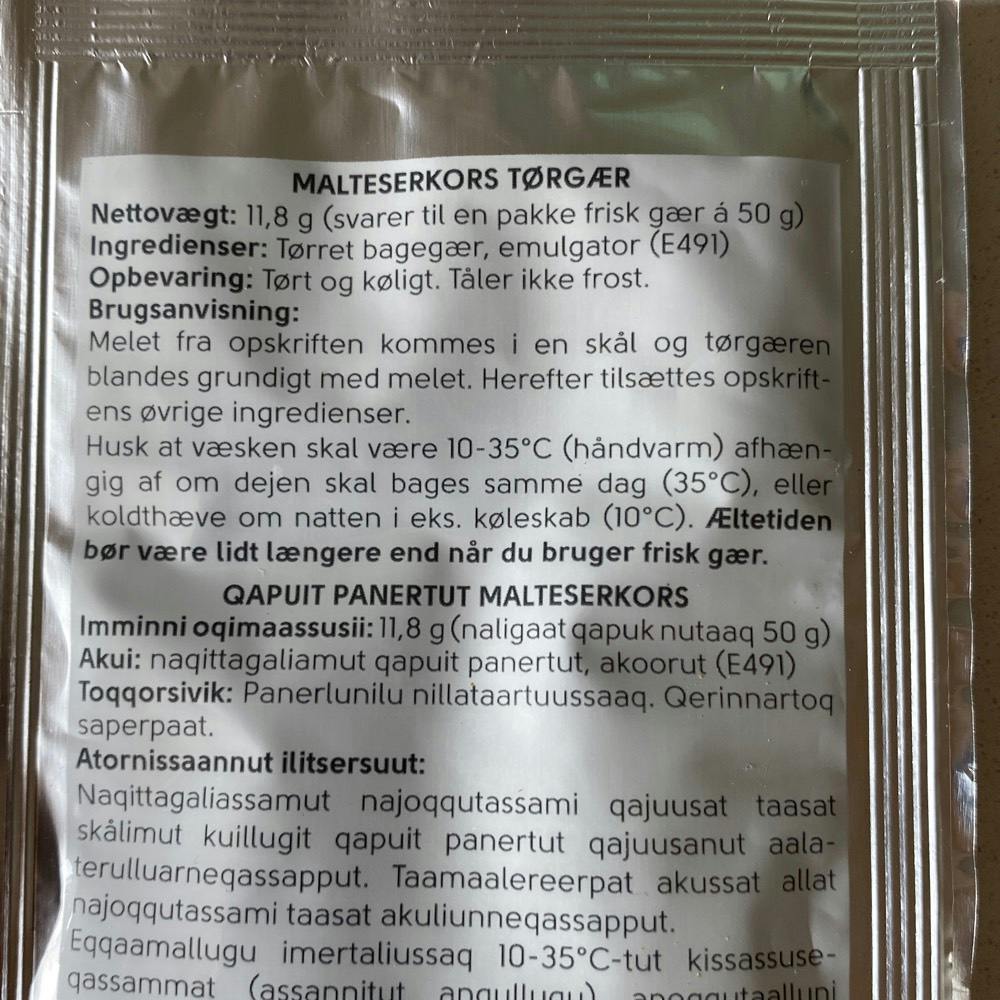 Ingrediensliste - Malteserkors gær - Tørgær, De Danske Gærfabrikker