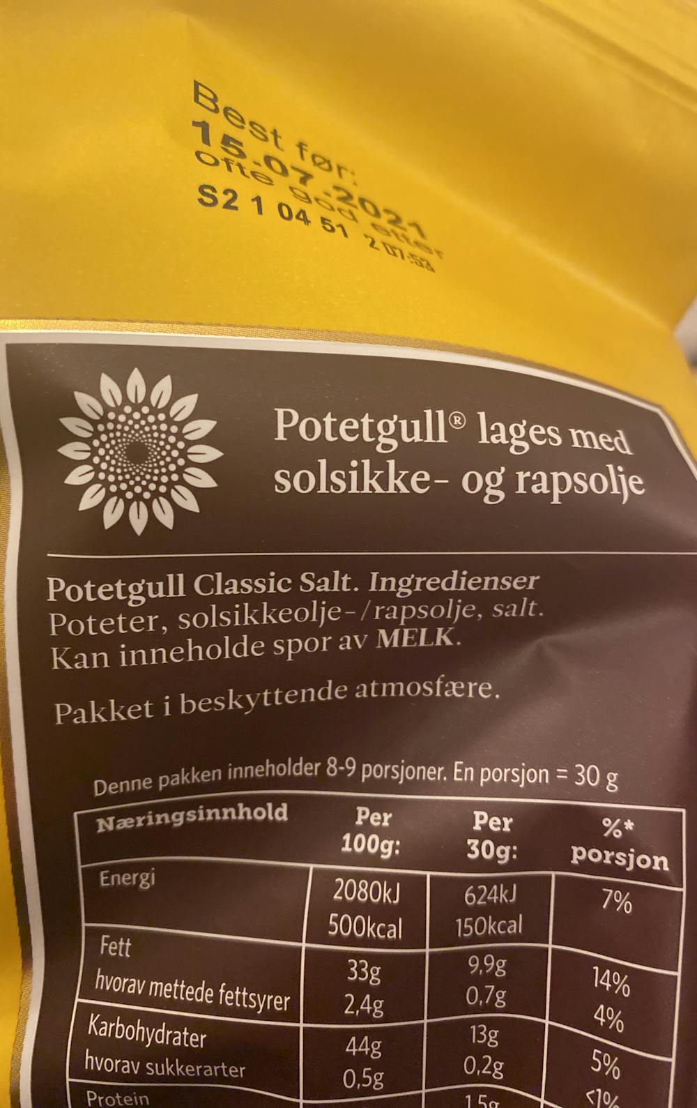 Ingredienslisten til Maarud Potetgull, classic salt