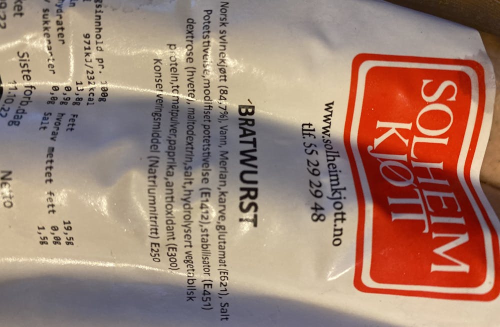 Ingrediensliste - Bratwurst, Solheim Kjøtt