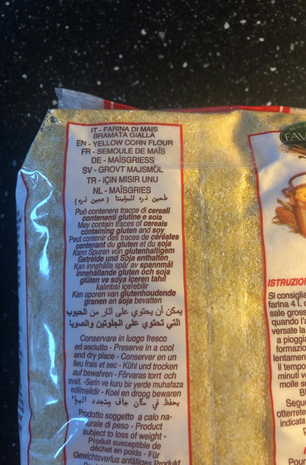 Ingredienslisten til Favero Yellow corn flour for pollenta