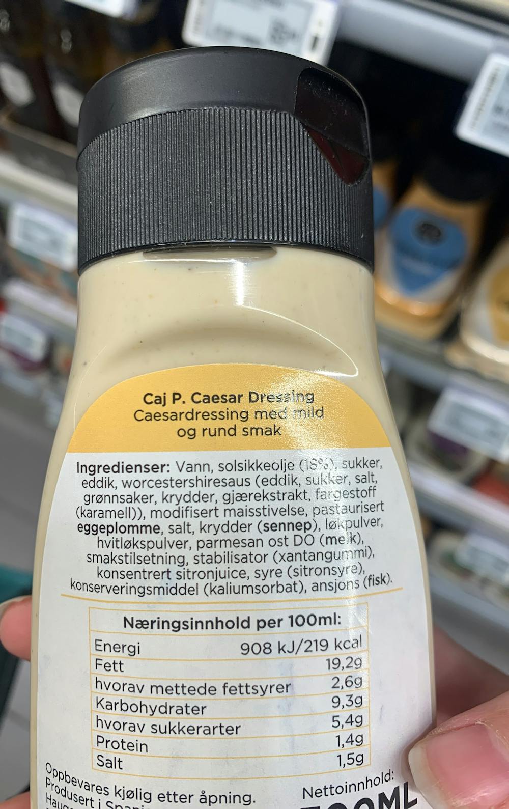 Ingredienslisten til Caesar dressing, Caj. P.
