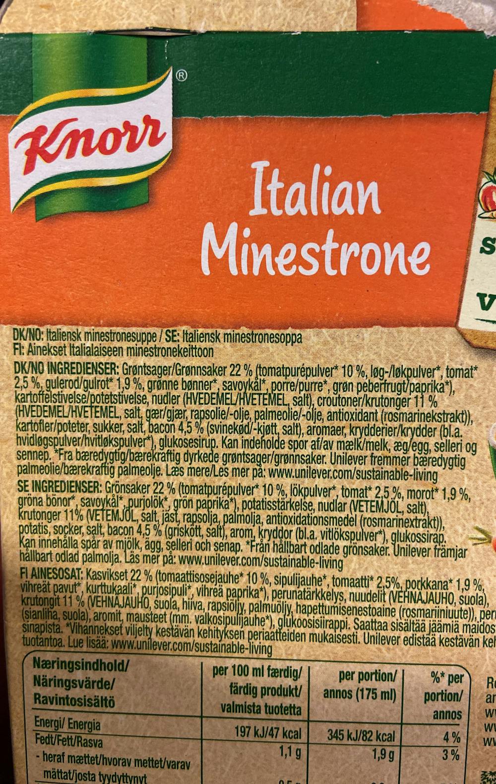Ingredienslisten til Knorr Italian minestrone