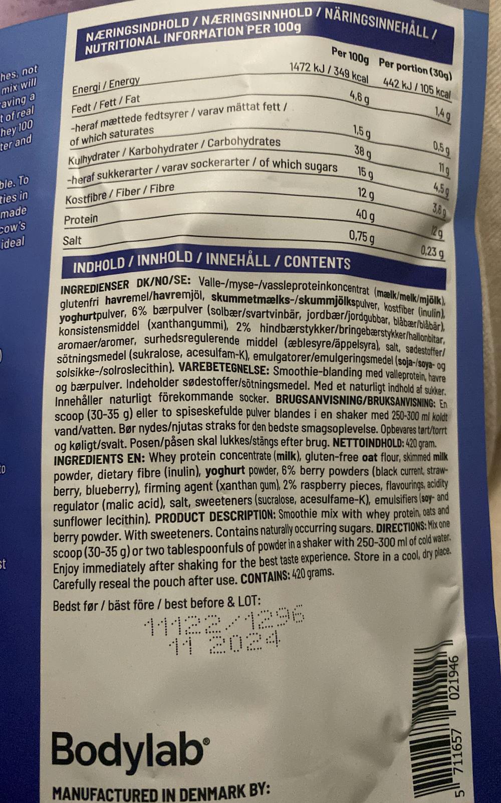 Ingredienslisten til Protein smoothie berry, Bodylab
