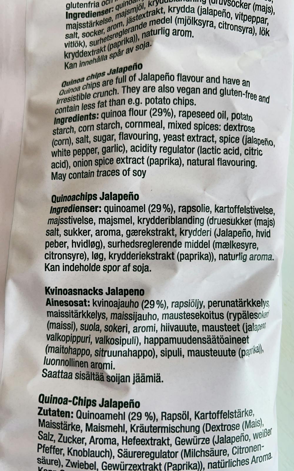 Ingredienslisten til Quinoachips, jalapeno, Gårdschips
