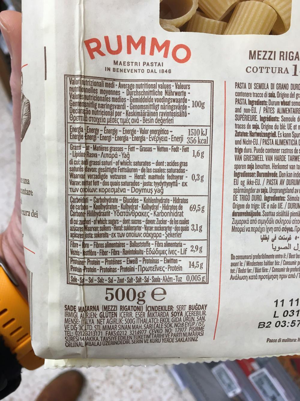 Ingredienslisten til Mezzi rigatoni no 51, Rummo