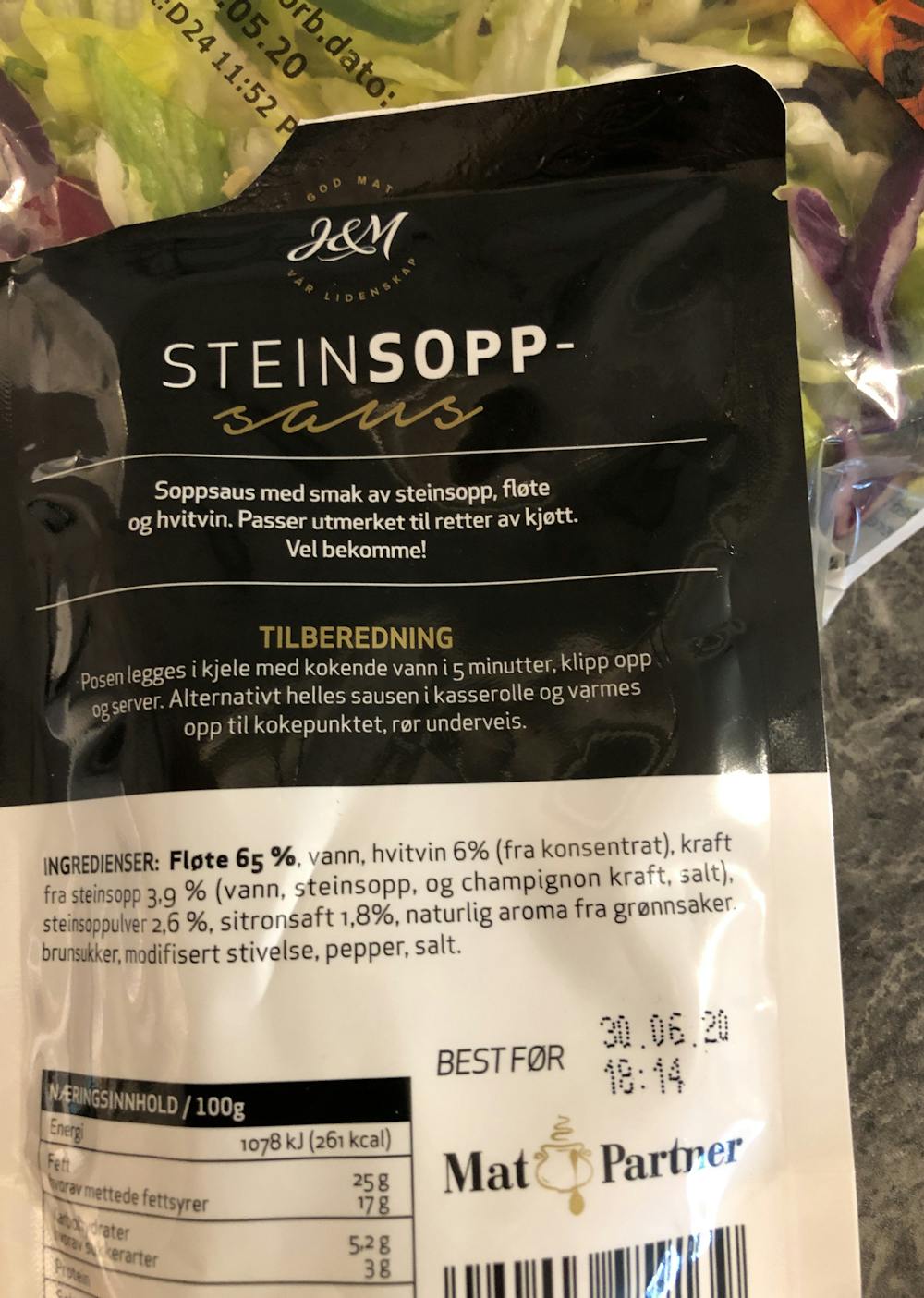 Ingredienslisten til Steinsoppsaus, J&M