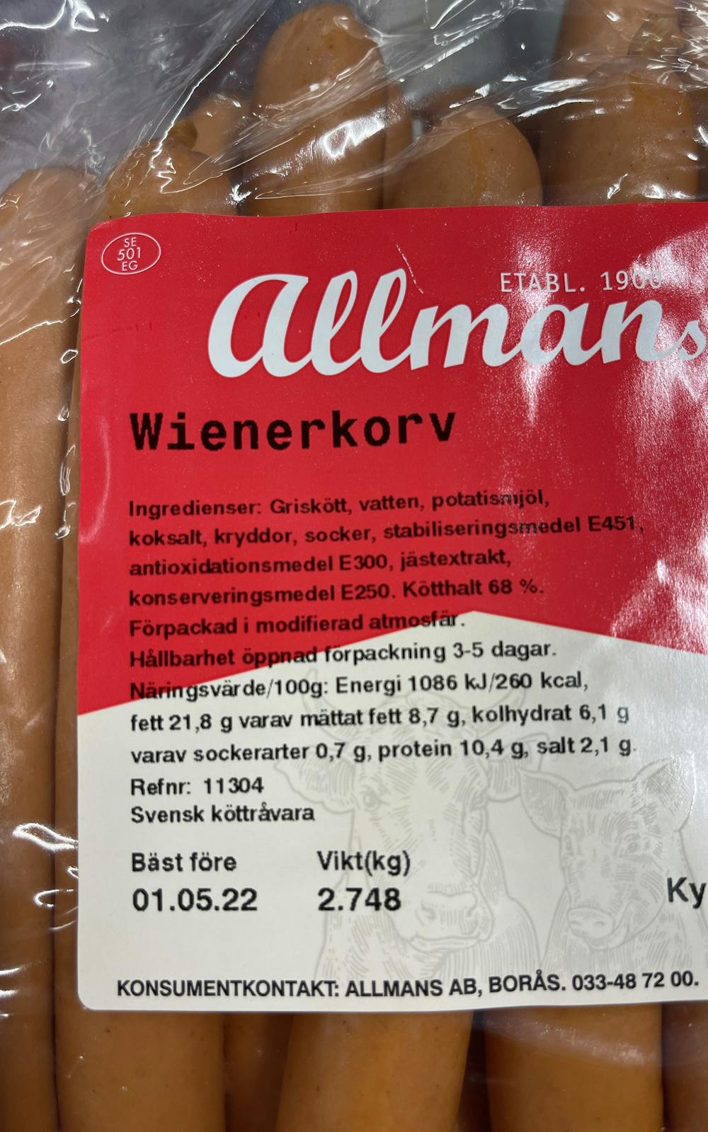 Ingrediensliste - Wienerkorv, Allmann