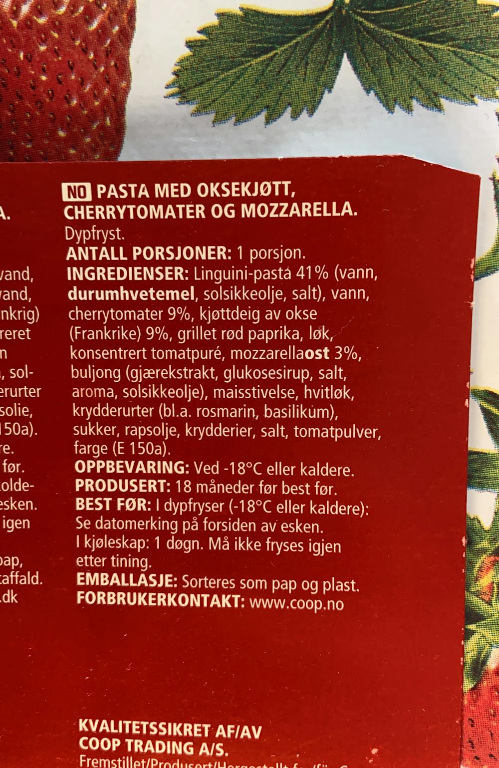 Ingredienslisten til Dagens pasta bolognese, Coop