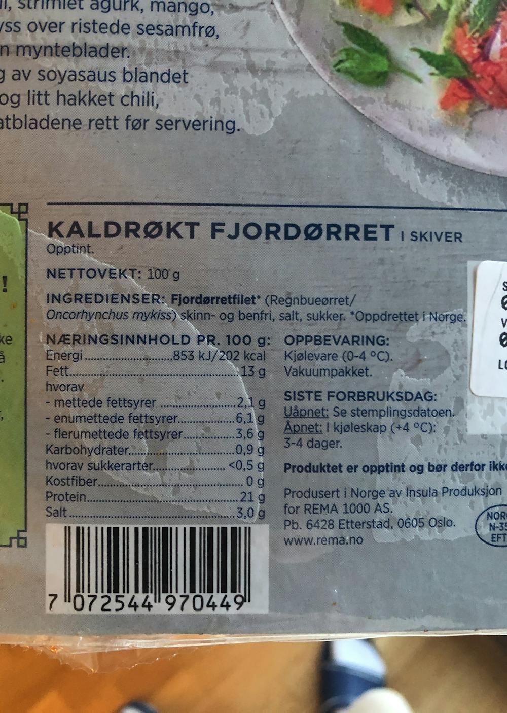 Ingredienslisten til Fiskeriet Røkt fjordørret