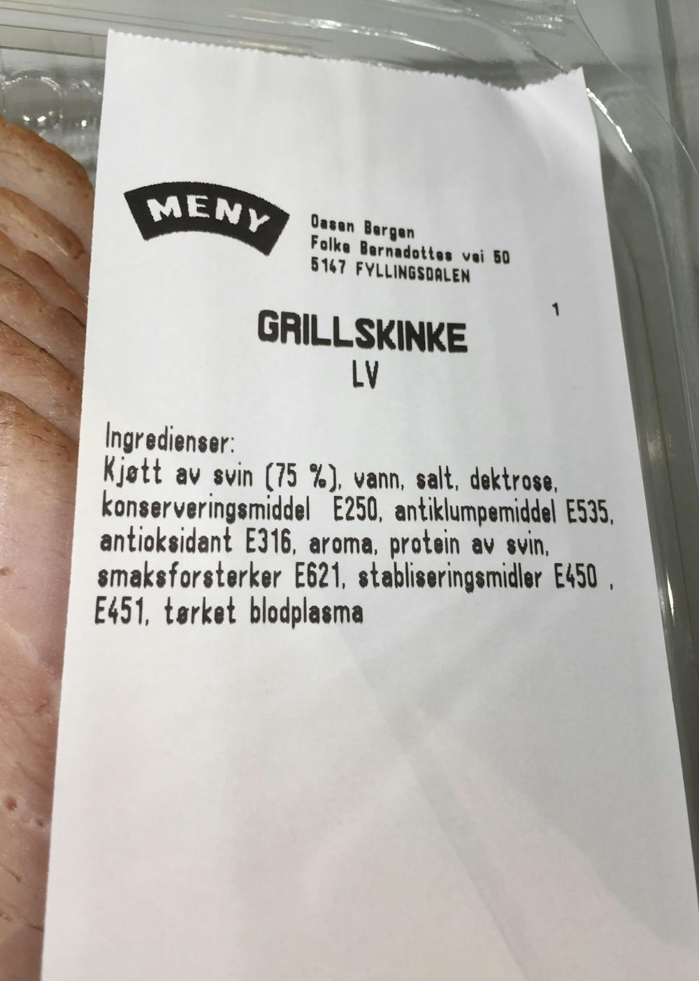Ingrediensliste - Grillskinke, Meny