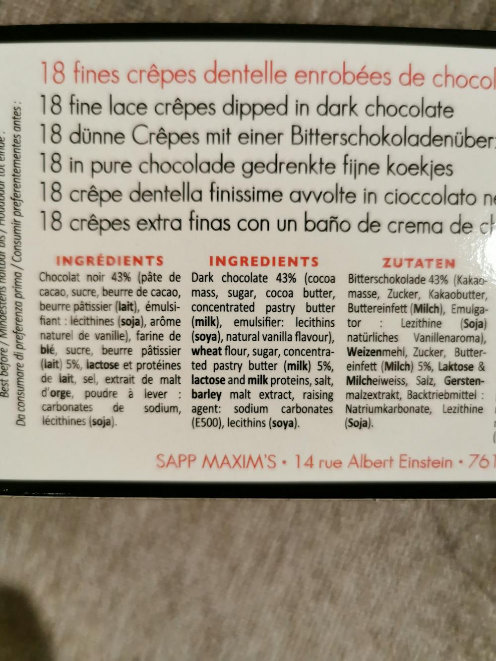Ingredienslisten til Les crepes dentelle chcolat noir, Maxim`s