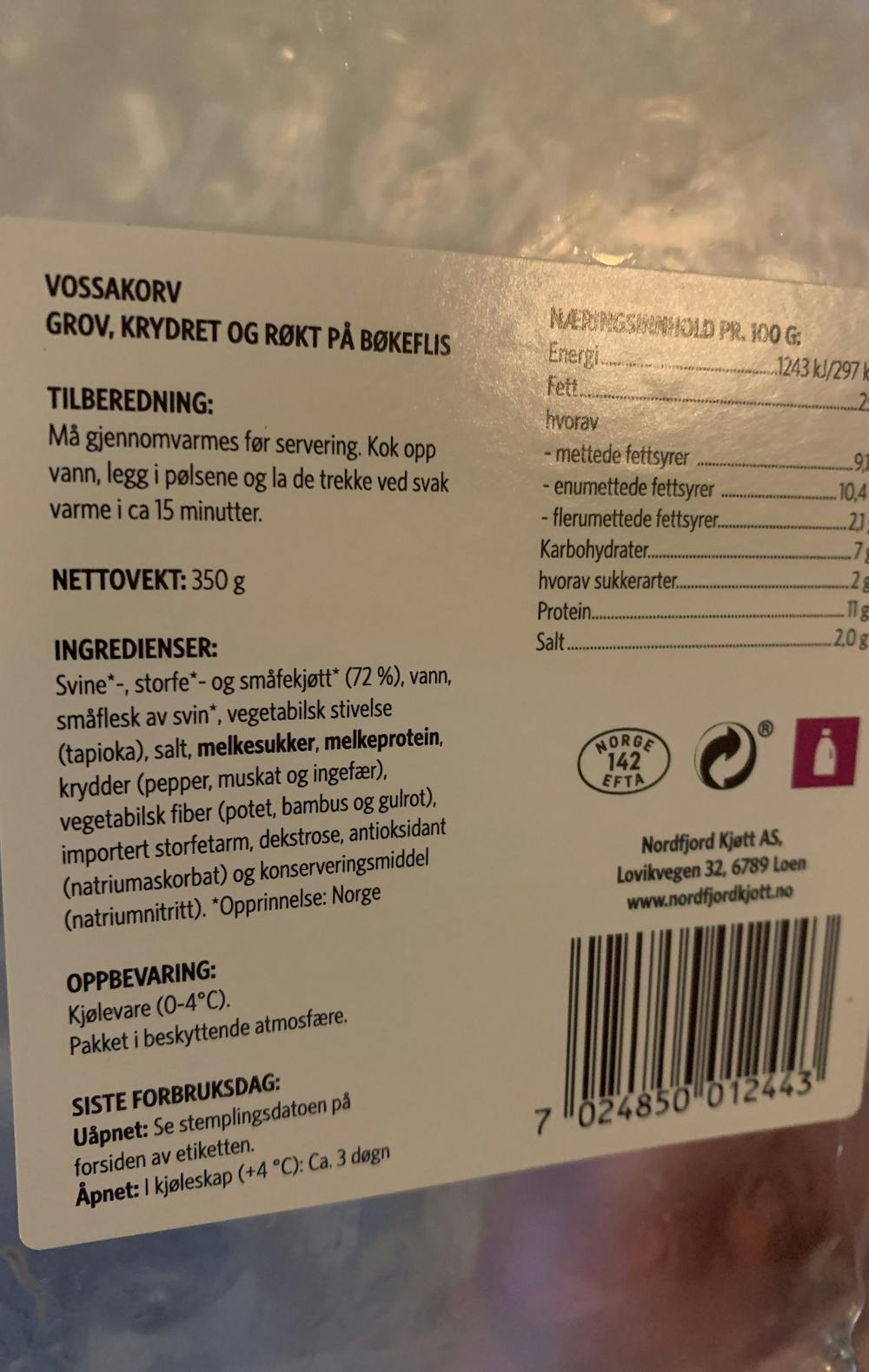 Ingredienslisten til Vossakorv, Nordfjord